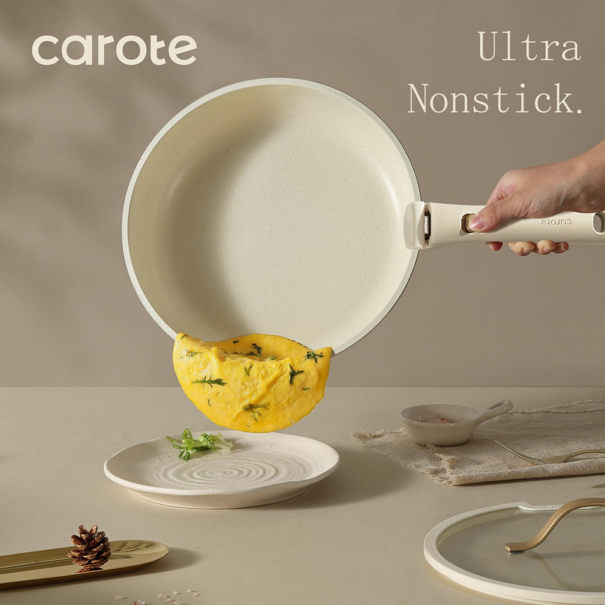 CAROTE 19pcs Pots and Pans Set Non Stick, Cookware Set with Detachable Handle, Kitchen Cookware Sets with Removable Handle, RV Cookware Set, Oven Safe, Cream White