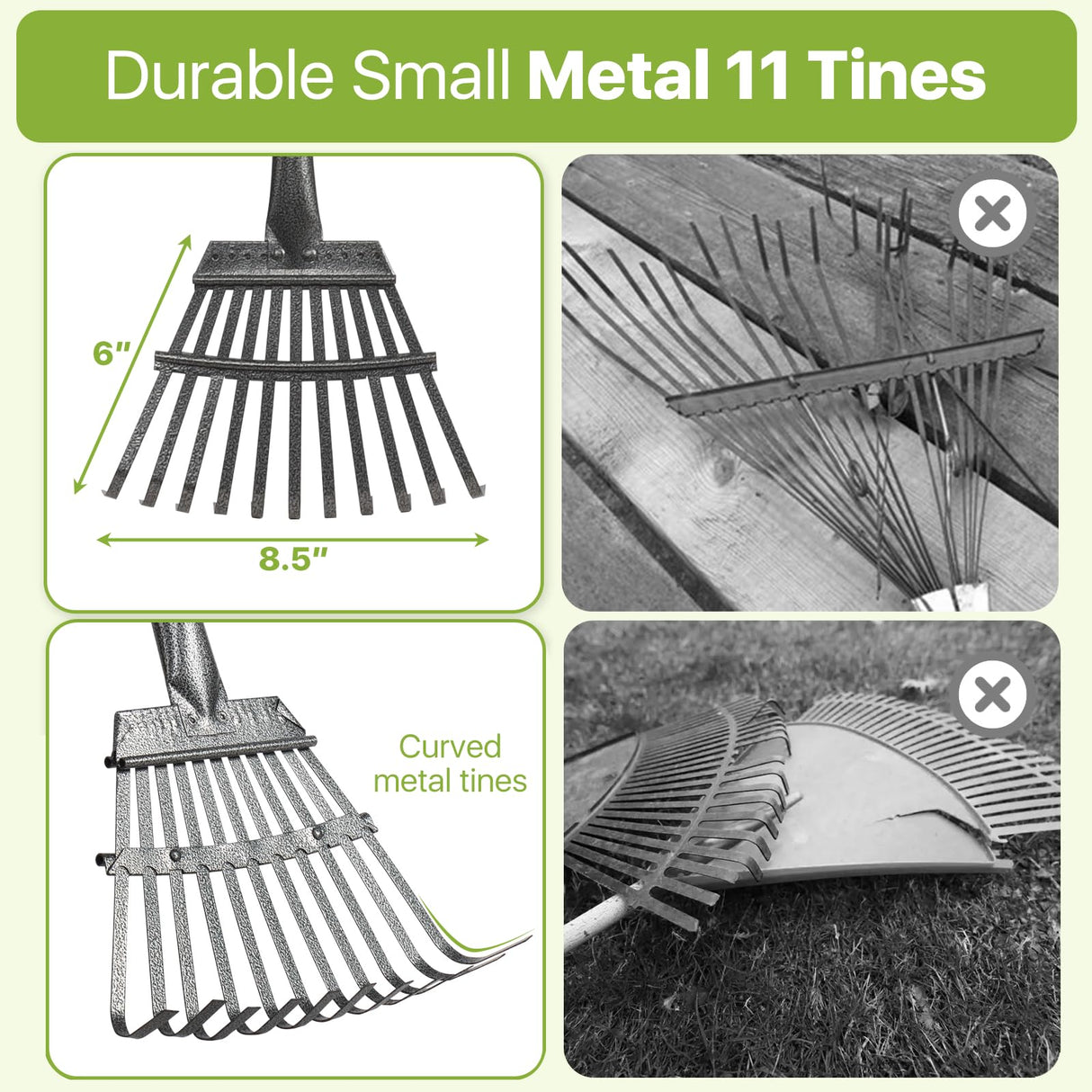 Rake for Leaves, Small Leaf Rake for Garden, 70-inch Adjustable Metal Rakes-Tool with 11 Steel Tines for Gardening, Yard, Shrub, Flower Beds, Lawns