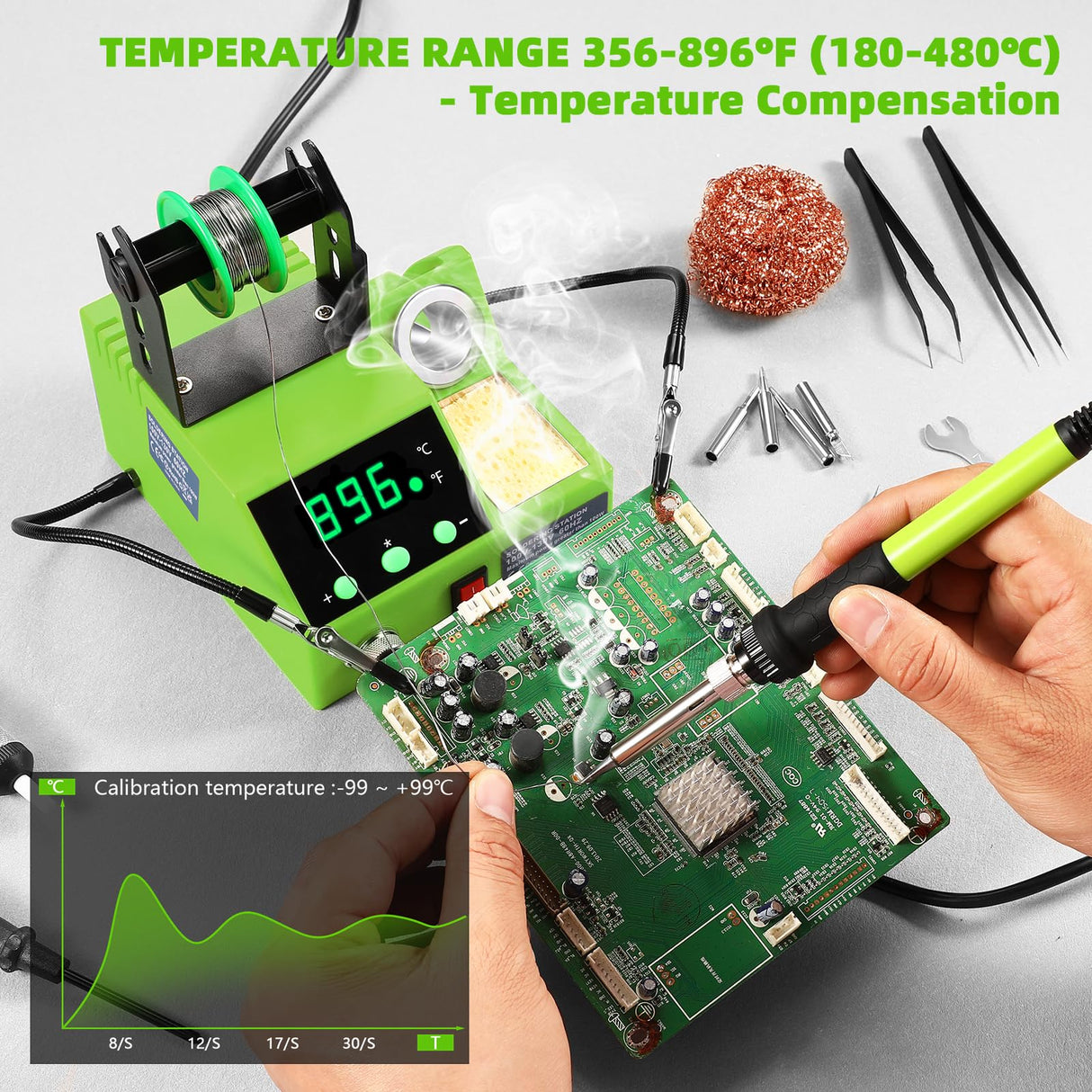 Soldering Station, 100W Digital Display Soldering Iron Station Kit with 2 Helping Hands, 356°F - 896°F, Auto Sleep, °C/°F Conversion, Solder Wire, Tips, Stand, Pump, Tweezers, Tip Cleaner, Green