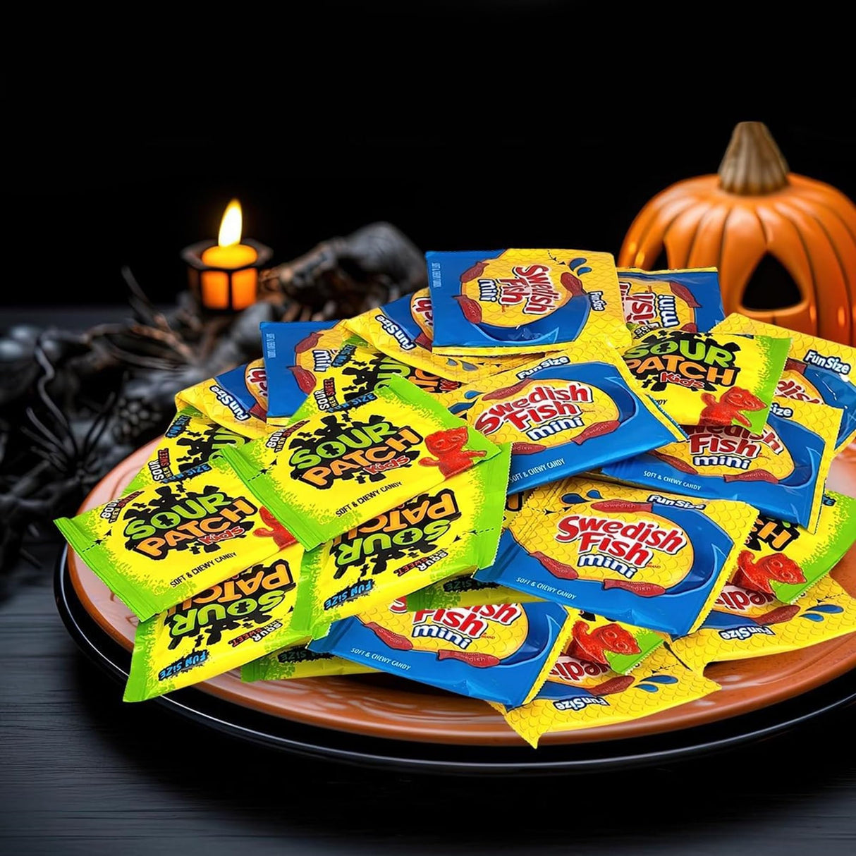 Halloween Bulk Candy Of 5 lb of Sours Patch For Kids And Swedish Fish Mini Soft And Chewy Candy Variety Snack Bulk Order. Individually Wrapped Fun Size Pouches, 0.5 Ounce, Huge 200 Ct. Christmas Candy