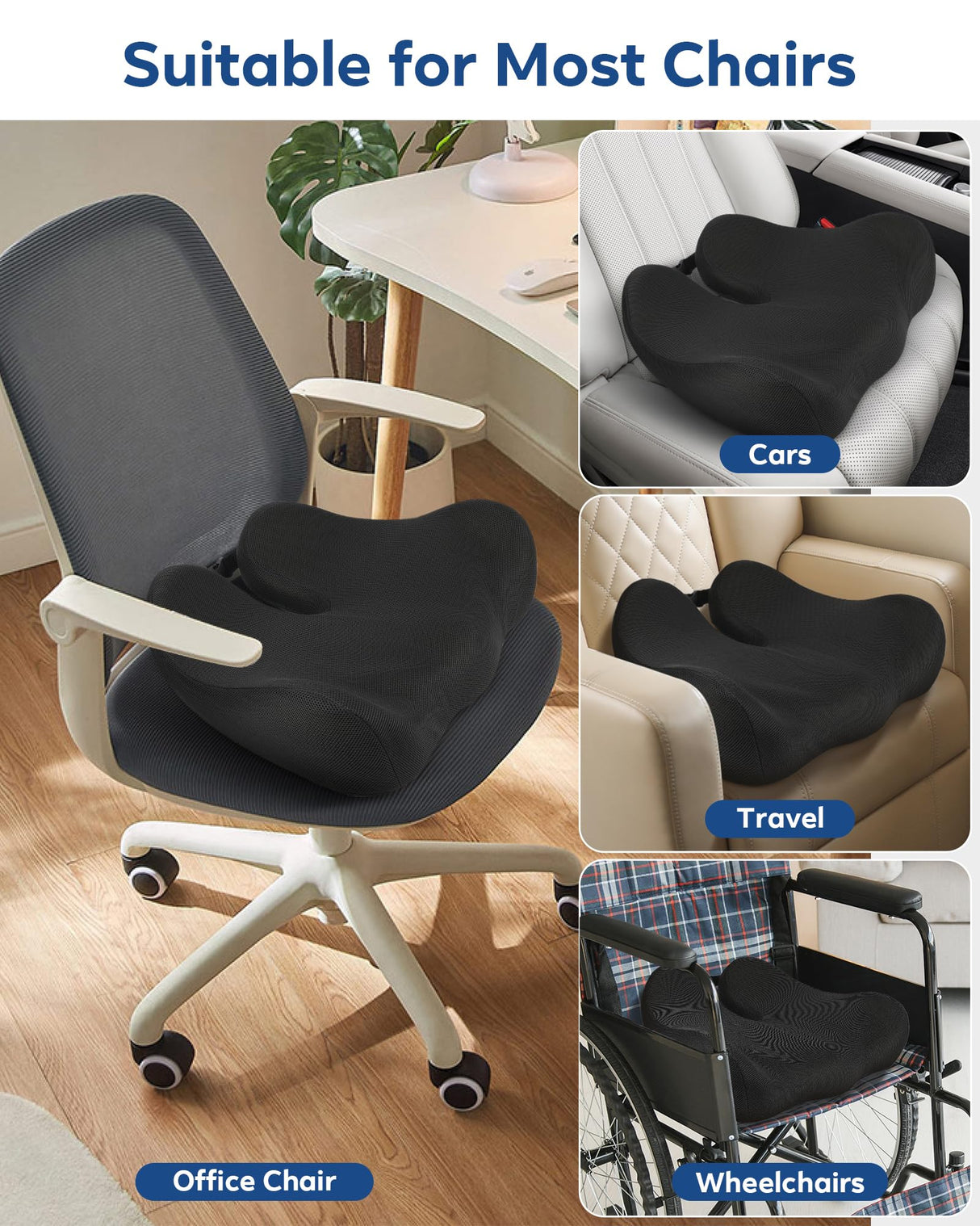 Feagar Large Ergonomic Seat Cushion - Thick Full Wrap Memory Foam Office Chair Cushion for Tailbone Pain Relief, Coccyx Cushion with Non-Slip Pad for Desk Chair, Wheelchair, Car Seat Long Sitting
