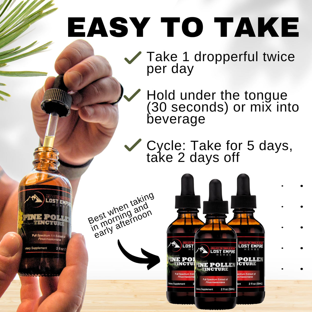 Lost Empire Herbs Pine Pollen Tincture Pine Pollen Liquid Extract for Testosterone - Alcohol Tincture is Superior for Better Absorption, 3rd Party Lab Tested (2 Ounce)