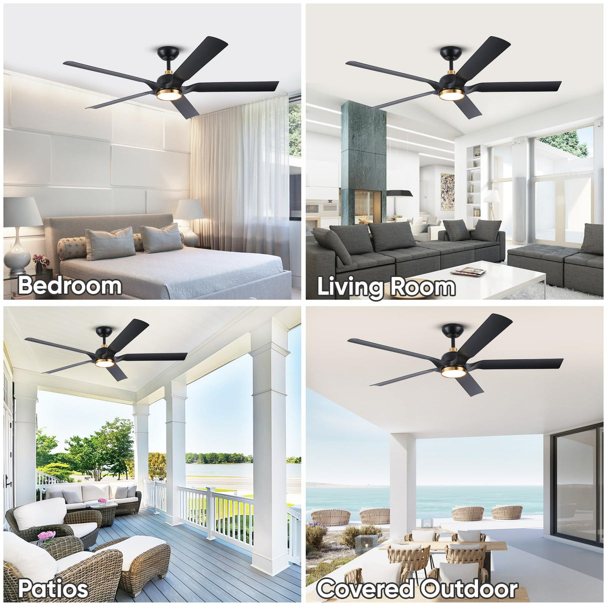 60 Inch Gold Ceiling Fan with Light and Remote, Black Gold Modern Ceiling Fans with Quiet Reversible DC Motor, Large Outdoor Ceiling Fan for Patio, Porch, Indoor Living Room, Bedroom, Office, 3 CCT