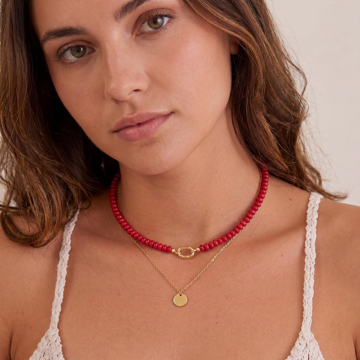 CONRAN KREMIX Red Stone Beaded Necklace for Women,Natural Gemstone Bead Choker Necklaces Boho Summer Beach Layering Necklace Jewelry Gift for Women
