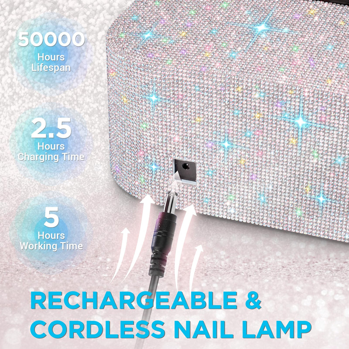 Aedavey Cordless UV Nail Lamp, Rechargeable UV Light for Gel Nails, LED Nail Lamp with 4 Timer Modes, Gel Nail UV Light Decorate with Sparkling Nail Rhinestones (Sparkly White)