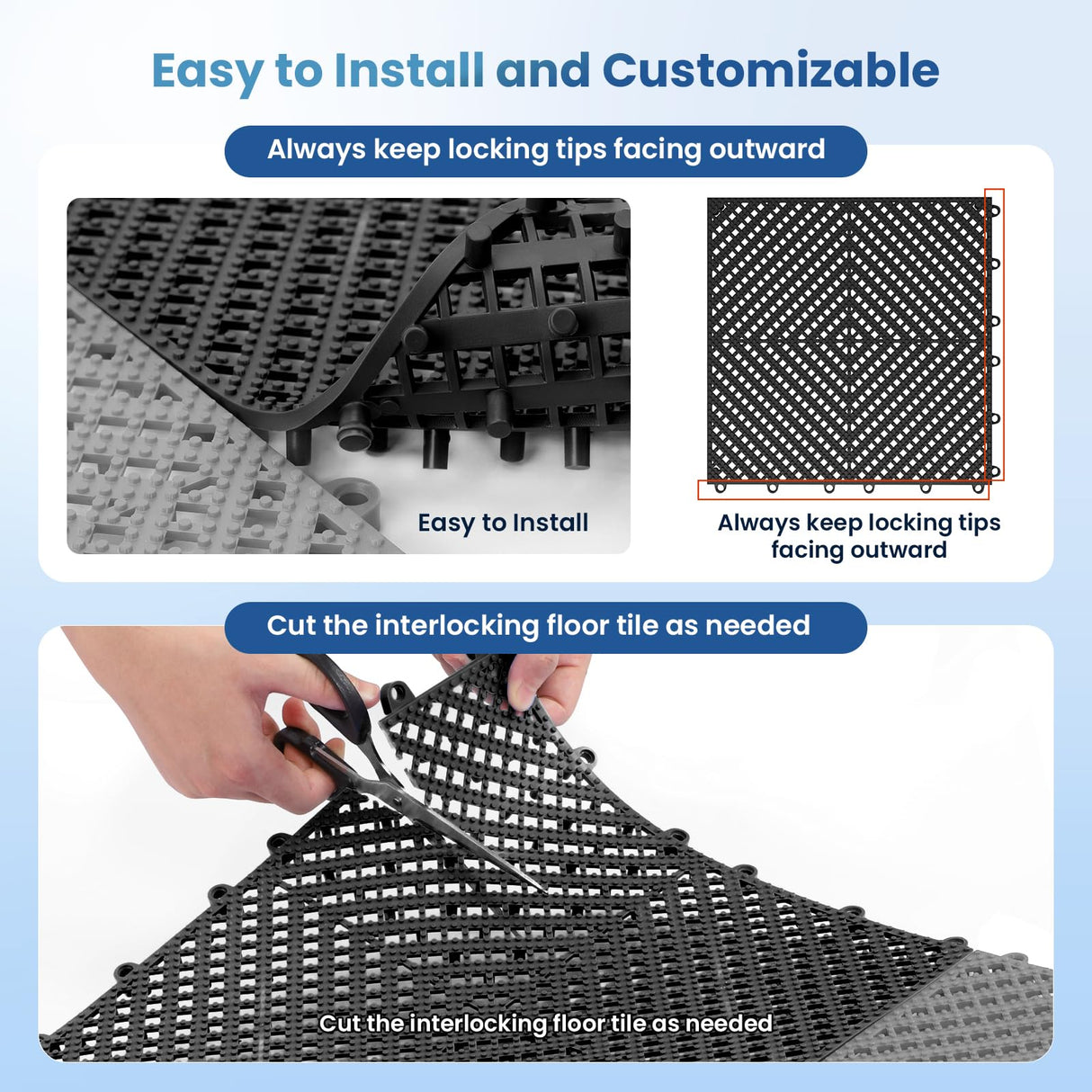 Jocoevol 60-Pcs Interlocking Tile, Indoor/Outdoor Drainage Interlocking Floor Tiles 11.8" x 11.8", Anti-Slip Waterproof Soft PVC Splicing Flooring Tile for Garage Patio Pool Bathroom, Black