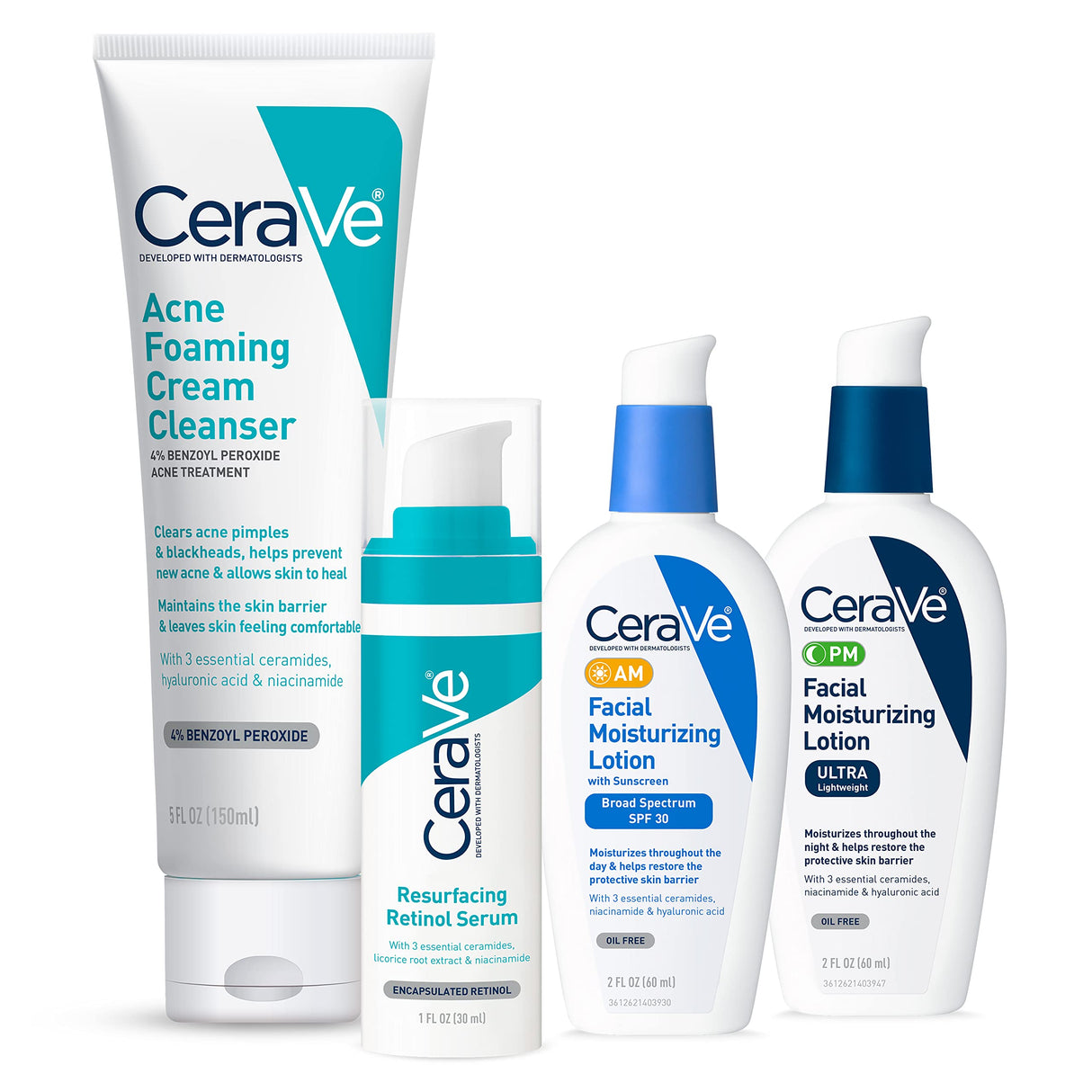 CeraVe Acne Skin Care Set, 5oz Acne Foaming Cream Cleanser + 1oz Resurfacing Retinol Serum + 2oz AM Facial Moisturizing Lotion with SPF 30 + 2oz PM Facial Moisturizing Lotion