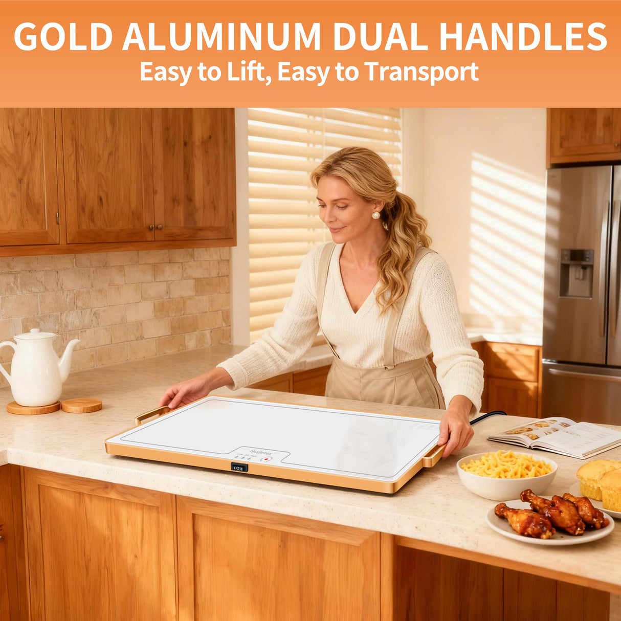 Food Warming Mat (XL 24"x16"), Food Warmers for Parties Buffet and Daily Use, Full Surface Warm Evenly Electric Warming Tray with Button Temperature Control, Gold Handles Warming Mat for Food, White