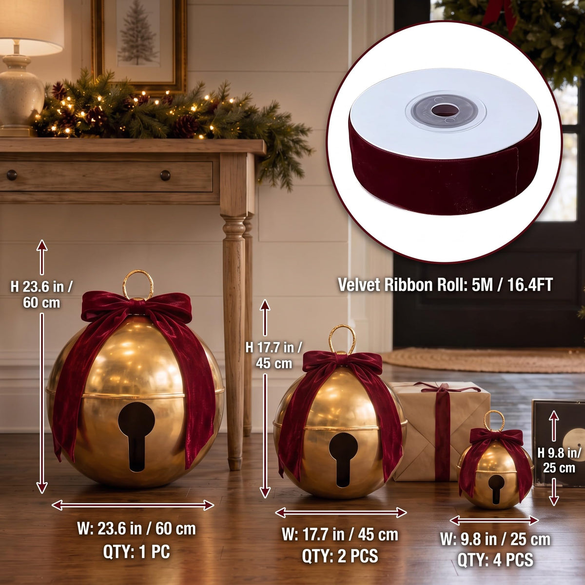 7 Pcs Inflatable Christmas Balls with Velvet Bows, Giant PVC Jingle Bells