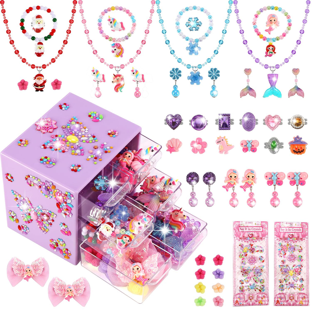 Toddler Girl Toys for Ages 5-7 Littler Girls Jewelry Set,51Pcs Kids Toy for Girls Age 8-10 Clip on Earrings,Princess Toys Adjustable Ring,Girl Toy Age 3 4 5 6-8 Year Old Christmas Birthday Gifts
