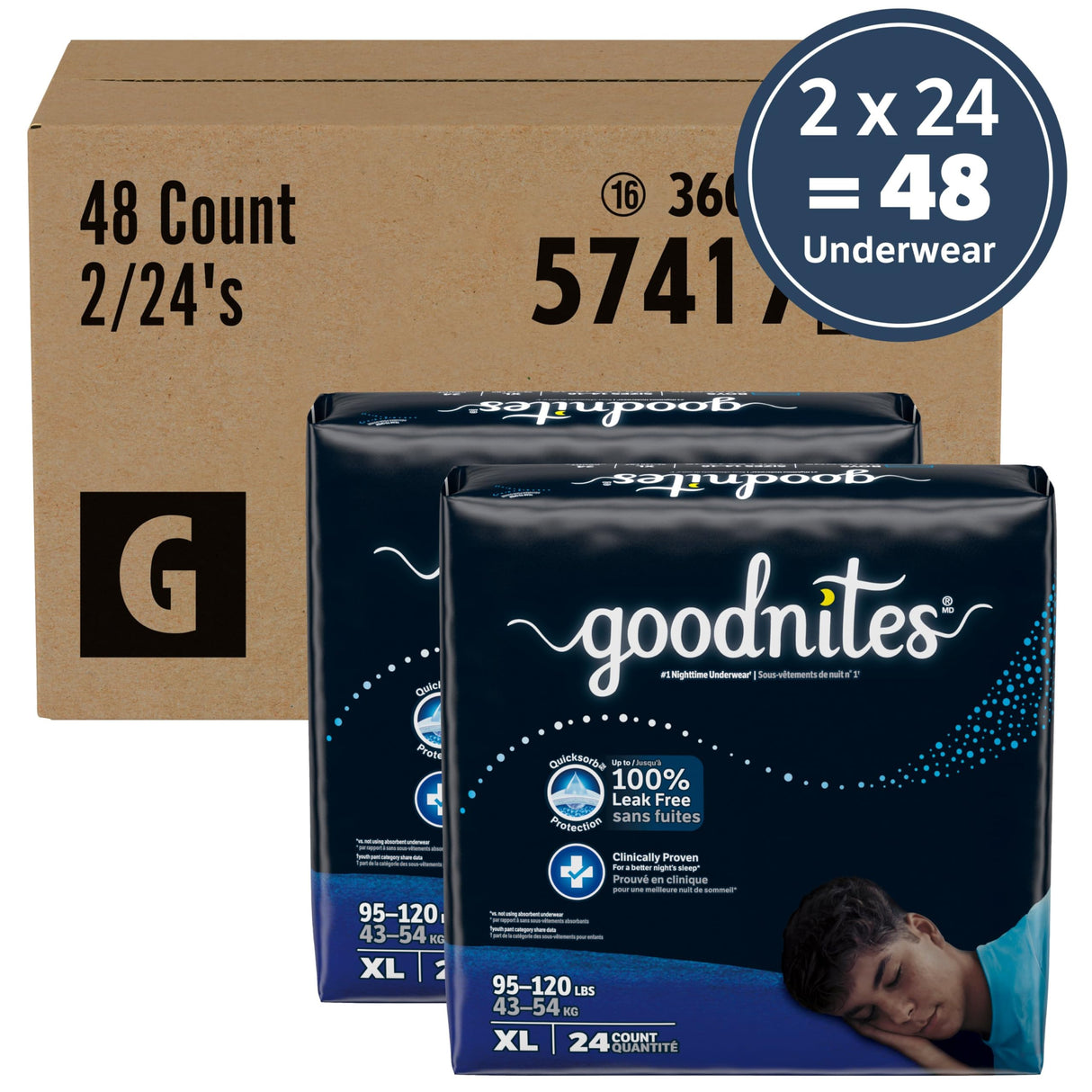 Goodnites Boys' Nighttime Bedwetting Underwear, Size Extra Large (95-120 lbs), 48 Ct (2 Packs of 24), Packaging May Vary