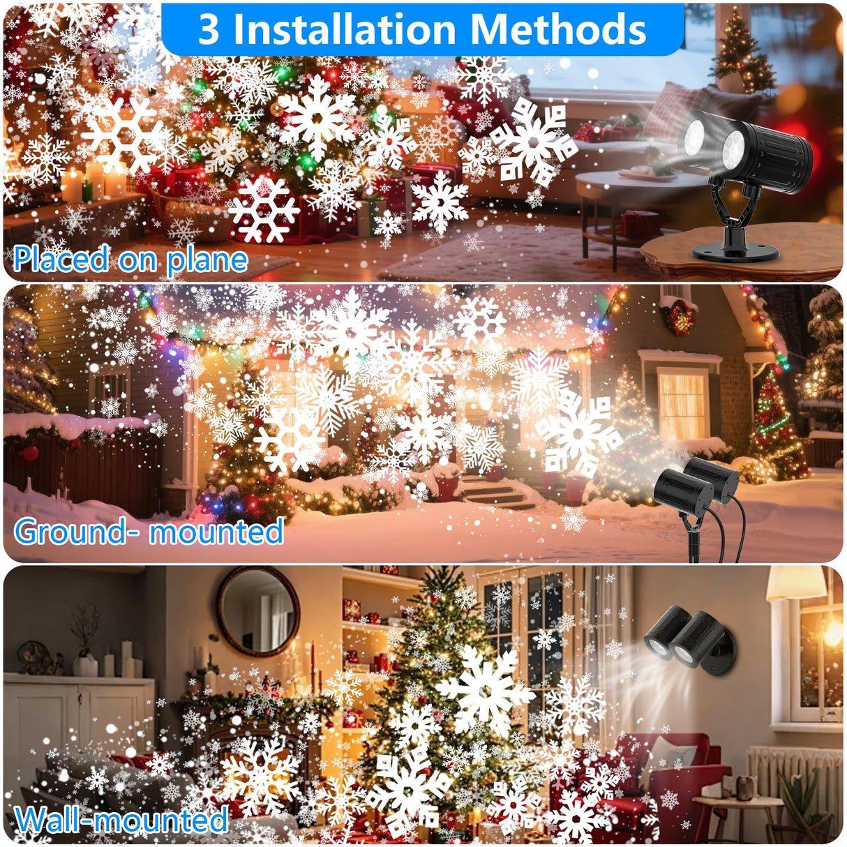 2025 Upgraded Double Head Christmas Snowflake Projector Lights Outdoor, Timing Mode, IP65 Waterproof, 360°Roating LED Christmas Lights, for Xmas Holiday Party Christmas Decoration, Indoor, Houses