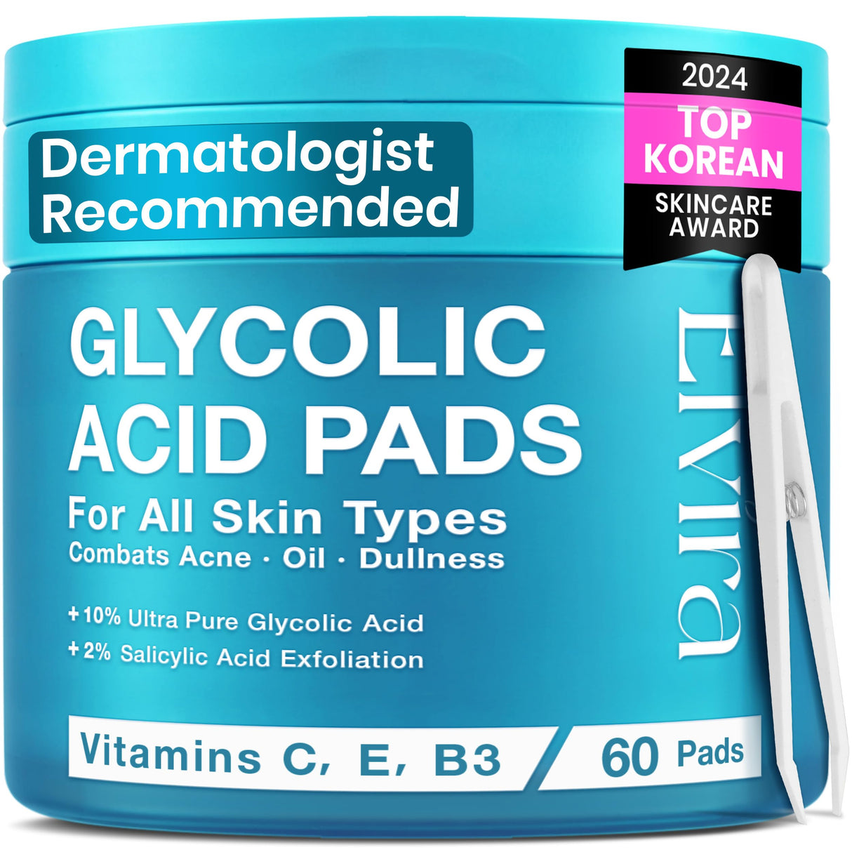 Elvira Korean Skincare Anti-Aging & Glycolic Acid Exfoliating Facial Pads With 10% Glycolic Acid, 2% Salicylic Acid & Niacinamide - 60 Toner Pads, Daily Peel Treatment for Acne Prone Sensitive Skin