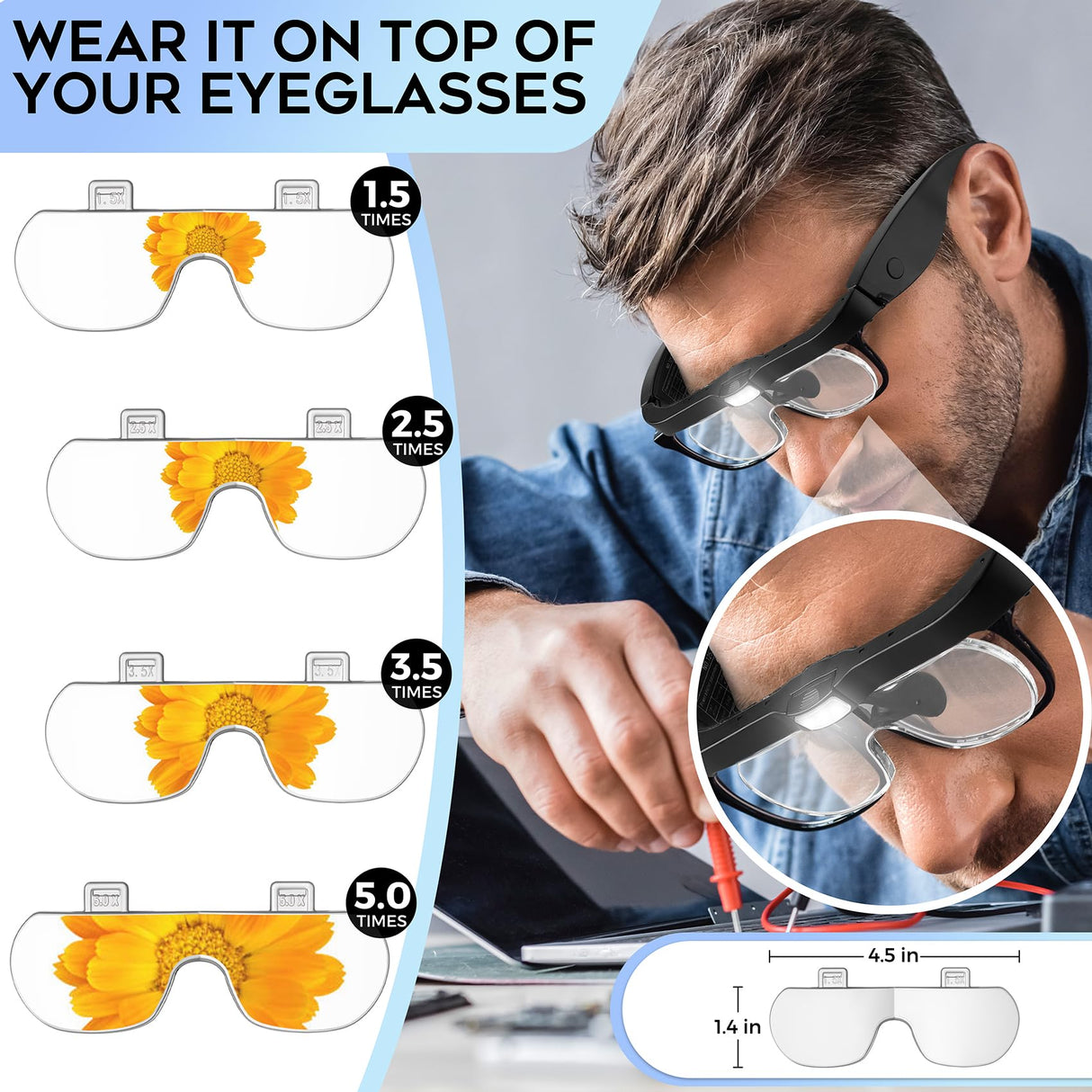 Dilzekui Magnifying Glass with Light 1.5X to 5.0X, Rechargeable Magnifying Glasses Head Magnifier, Lighted Magnify Glass with 4 Detachable Lenses, Magnifier Headset for Close Work Reading Jewelry