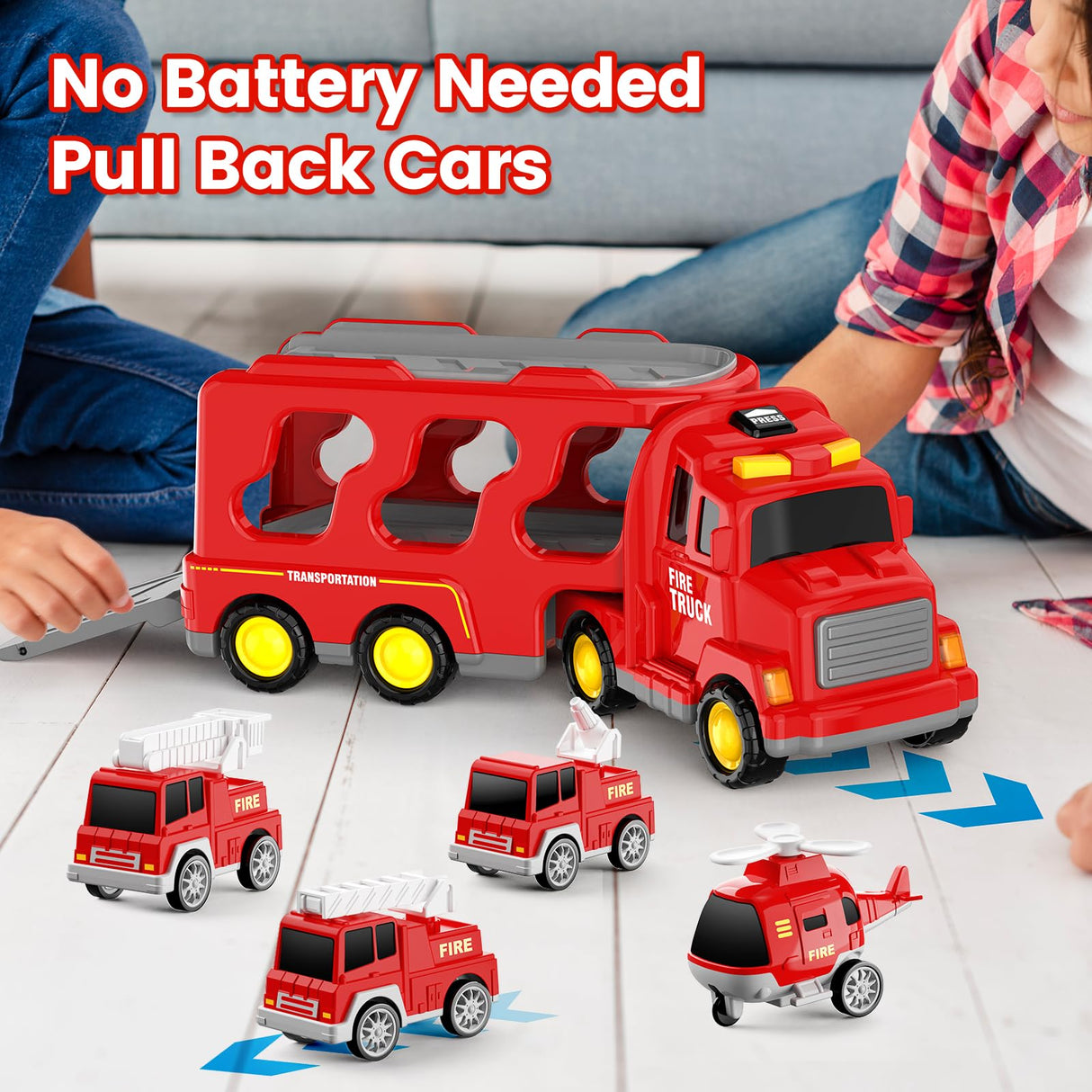 FunMission Toddlers Fire Truck for Kids 3-9 Year Old,5 in 1 Friction Power Vehicle Car for 3 4 5 6 7 Years Old Boys Girls,Carrier Truck Transport Toys for Christmas and Birthday Gifts