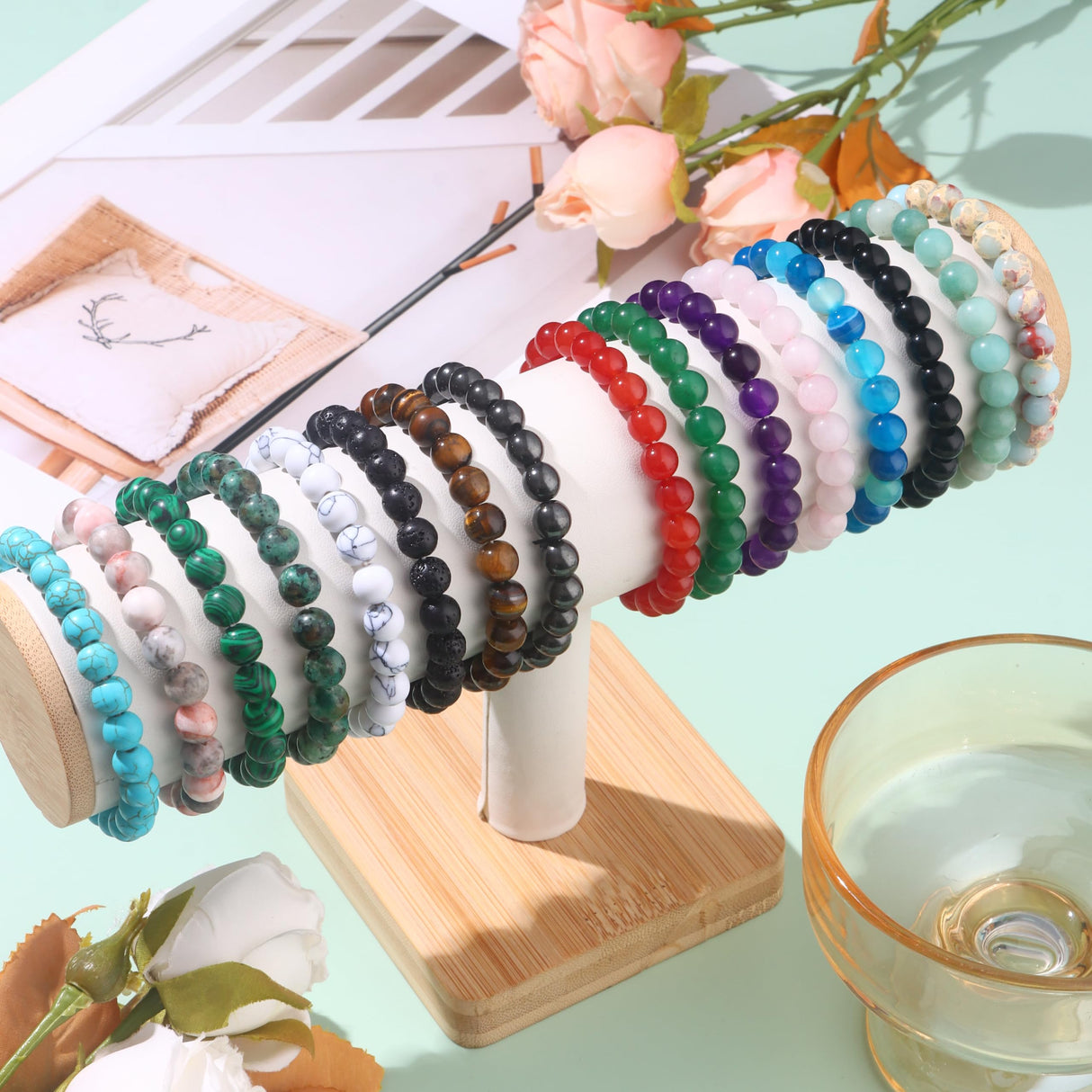 JEWPARK 16PCS Semi-Precious Gemstone Beaded Bracelets for Women