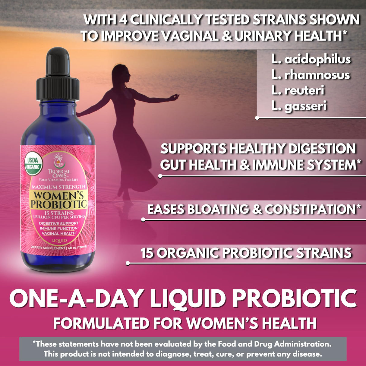 USDA Organic Liquid Probiotic for Women | PH Balance, UT, & Feminine Health | Digestive Support, Immune & Gut Health | 15 Clinically Studied Strains | 98% Absorption | Vegan, Non-GMO | 40 Servings