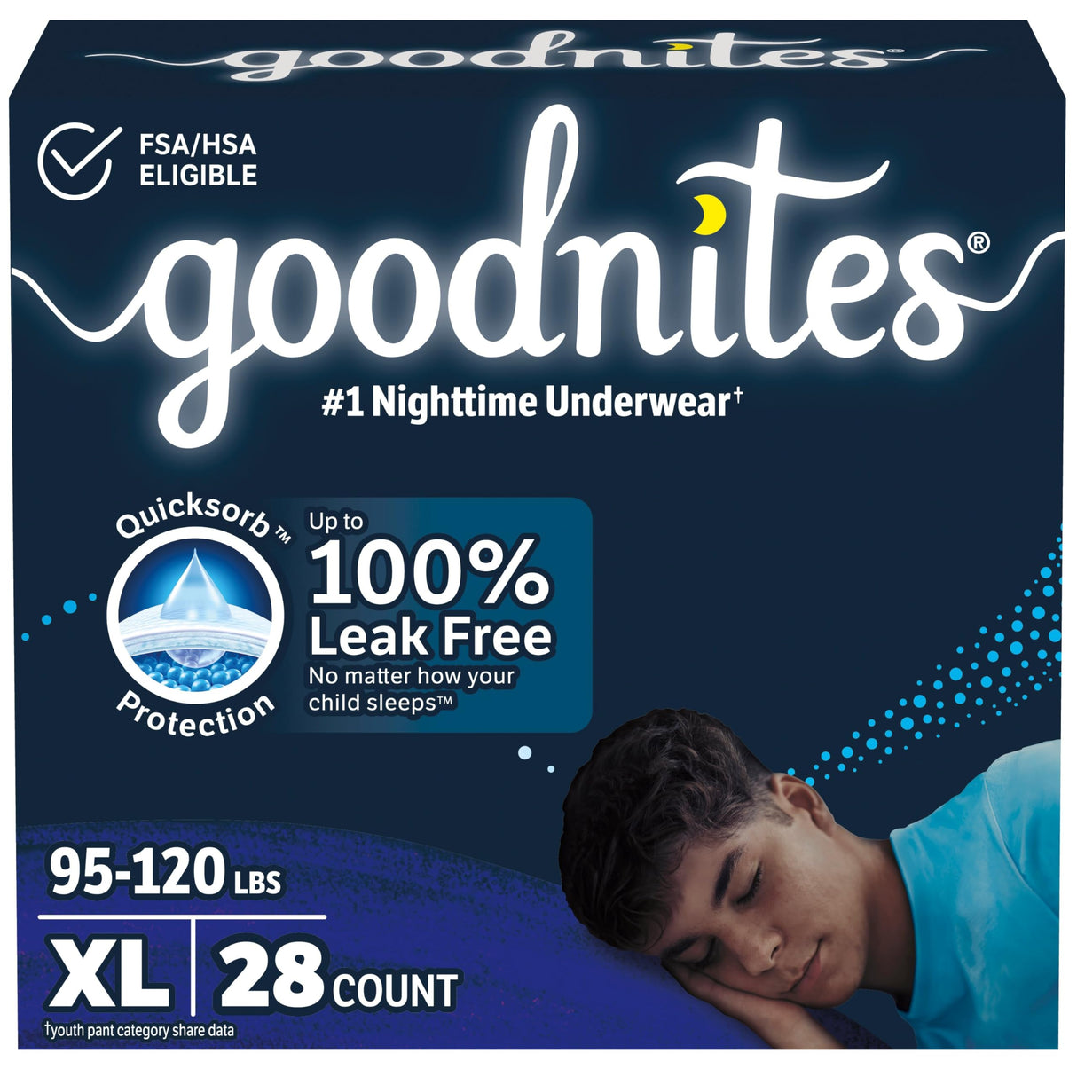 Goodnites Boys' Nighttime Bedwetting Underwear, Size Extra Large (95-120 lbs), 28 Ct (2 Packs of 14), Packaging May Vary