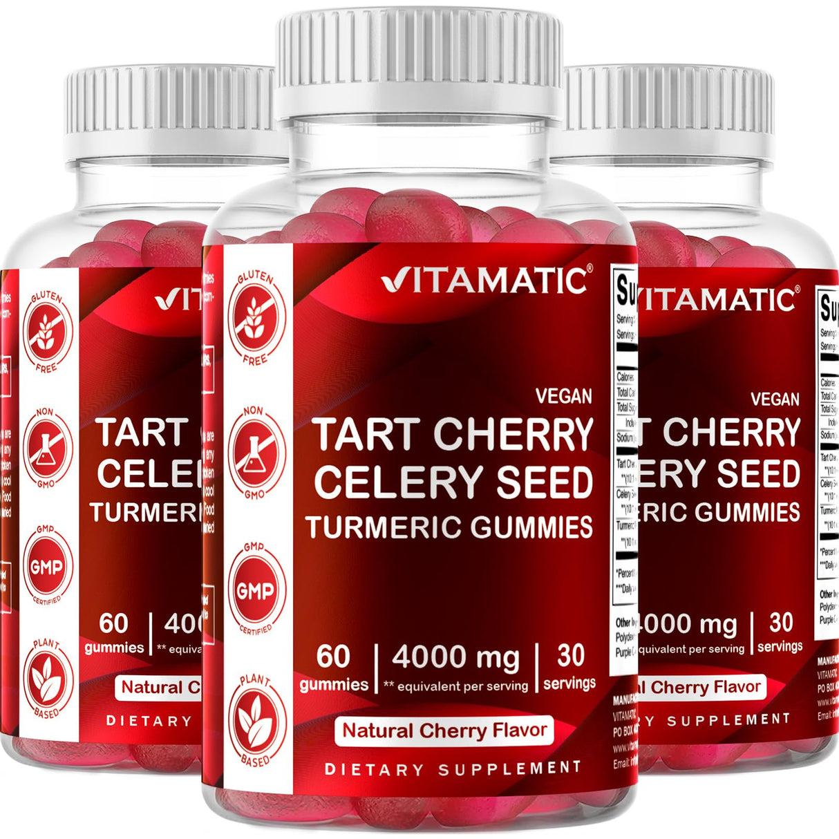 Vitamatic Tart Cherry with Celery Seed Gummies – 4000mg Equivalent Per Serving (from 10:1 Extract, 400mg) - 2-Pack