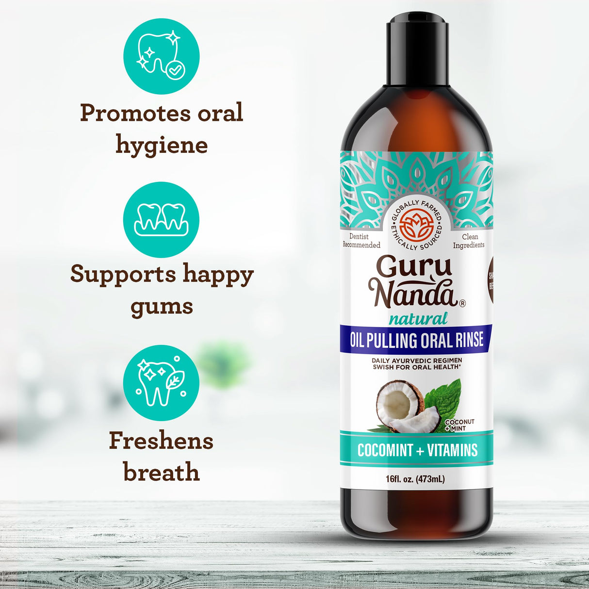 GuruNanda CocoMint Oil Pulling Mouthwash for Complete Oral Hygiene, 7 Essential Oils & Vitamins for Happy Teeth & Gums & Fresh Breath, Alcohol-Free, 16 oz