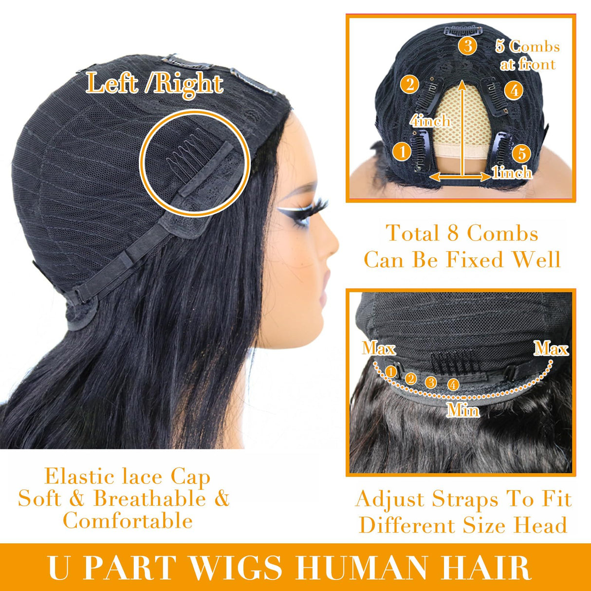 Glowig U Part Human Hair Wig Body Wave for Women Brazilian Remy Upart Human Hair Wig Beginner Friendly No Sew in NO Glue 180% Density Natural Color 20Inch