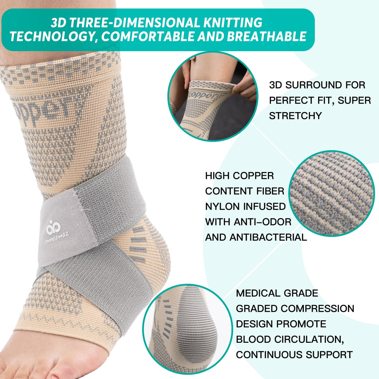 INDEEMAX Ankle Brace for Women & Men, Ankle Compression Sleeve Support Copper Infused Ankle Brace for Sprained Ankle, Plantar Fasciitis Sports, Achilles Tendonitis Pain Relief, Skin Silver, M