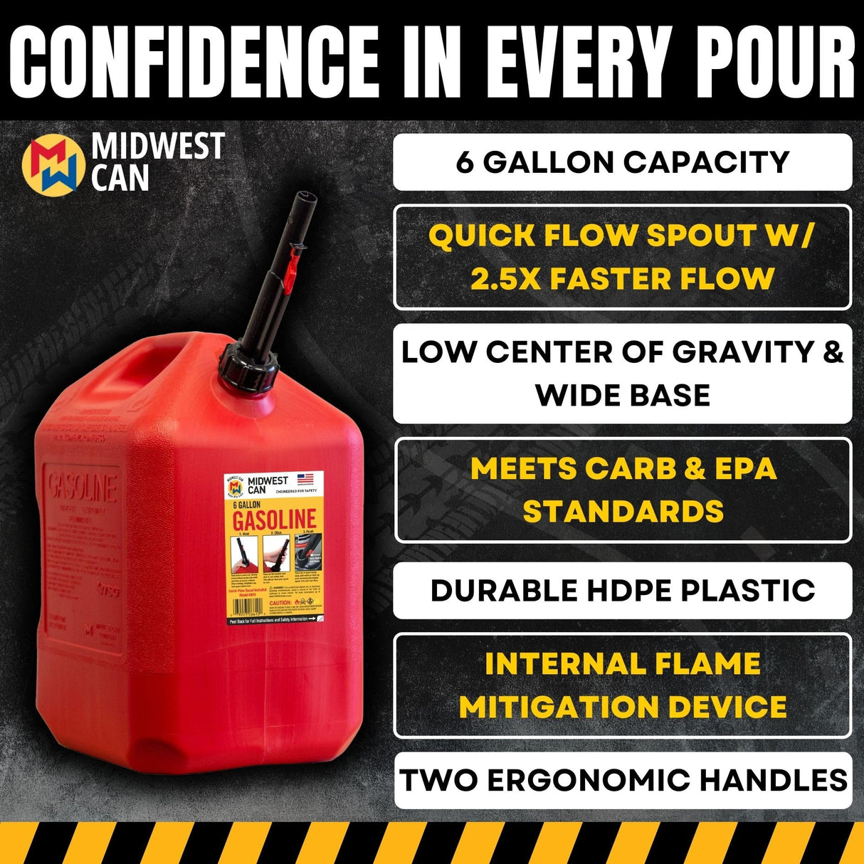 Midwest Can 6610 Quick Flow Spout Auto Shut Off Gasoline Can - 6 Gallon