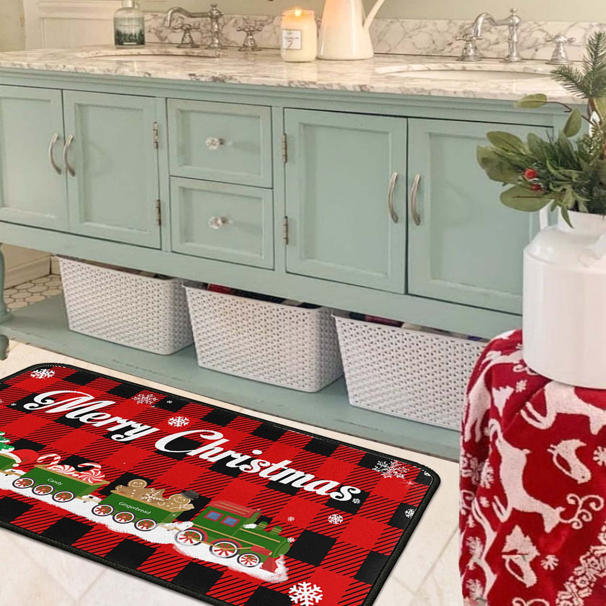 Christmas Kitchen Rugs and Mats Set (2 PCS), Merry Christmas Indoor Floor Mats Red Black Buffalo Check Plaid for Winter, Xmas Door Mat Runner Rug Mat for Kitchen Home Decor (17"x47"+17"x30")