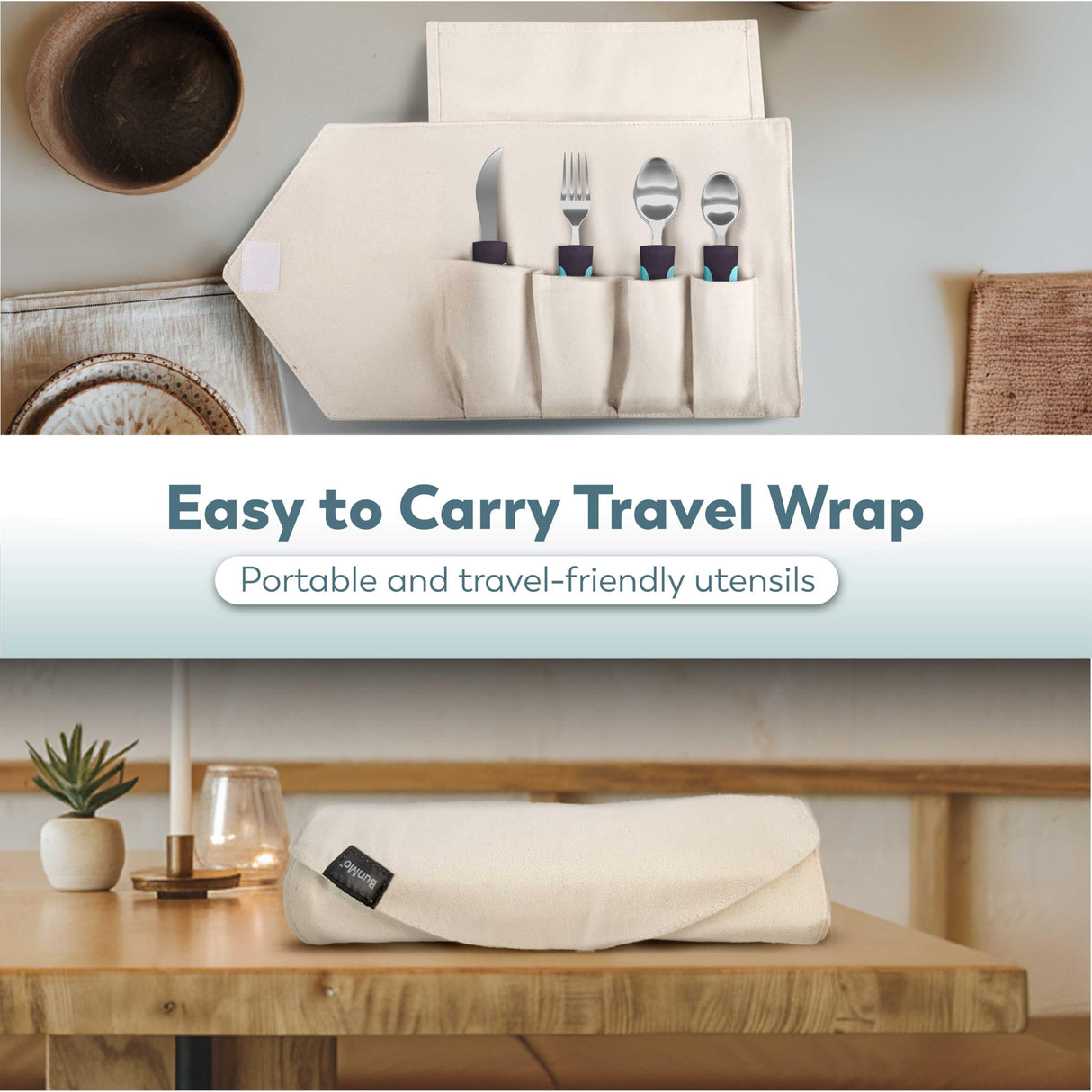 BUNMO Utensils for Elderly, Arthritis, Weak Hand Grip, Tremors & Handicapped - Convenient Travel Pouch - 3.35oz Lightweight - Stainless Steel - Eat Independently - Adaptive Blue 4 Piece Set