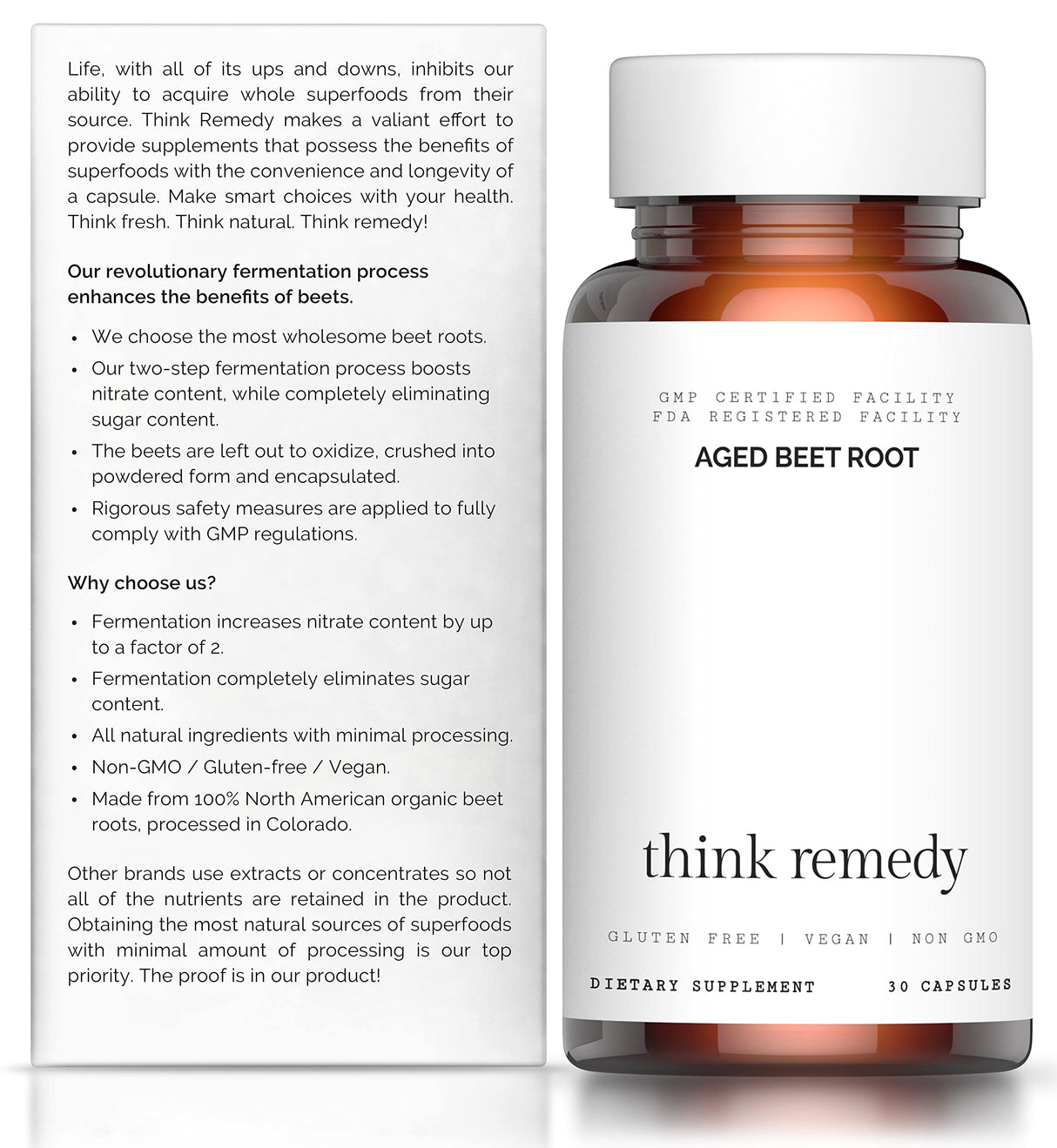 Think Remedy Aged Beet Root Capsules - Beet Pills for Stamina - Organic Beet Root Powder - Nitric Oxide Supplement - Nitrate No Sugar - 30 Capsules - Beet Root Supplement - Super