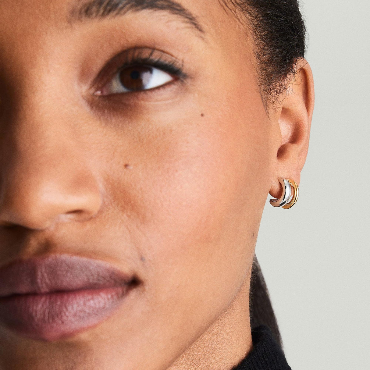 NOKMIT Two Tone Huggie Hoop Earrings for Women, Dainty 14K Gold and Silver Mixed Metal C Shaped Hoops, Small Multi Statement Geometric Earrings, Plain High Polish Non Tarnish Jewelry Gifts