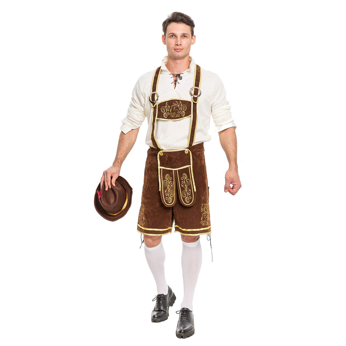 Spooktacular Creations Halloween Men Oktoberfest Costume Set, Lederhosen Men with German Bavarian Hat, Beer Costume, Adults Halloween Brown Outfit for Beer Festival Party (Medium)
