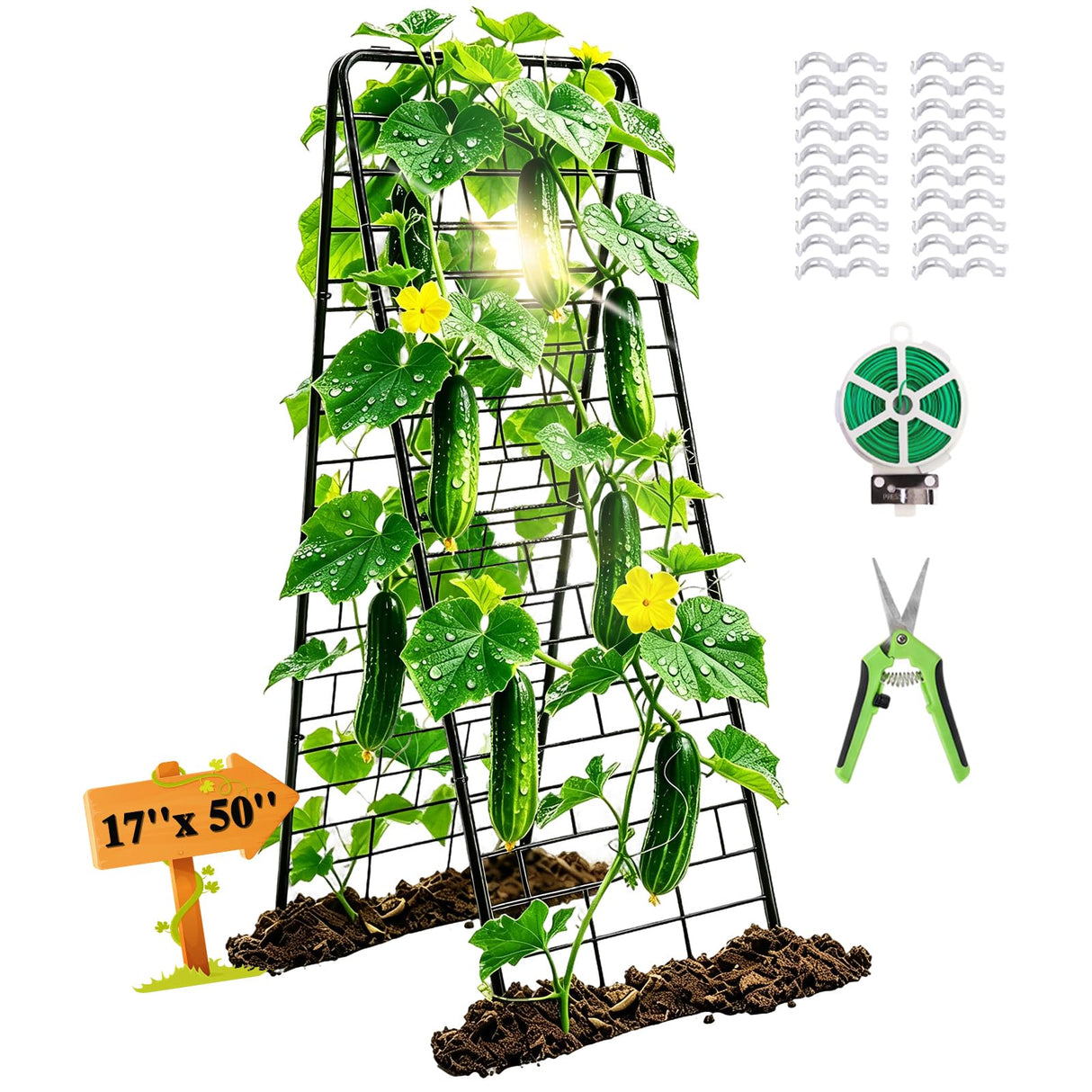 50"x17" A-Frame Cucumber Trellis for Raised Bed, Heavy Duty All-Metal Support for Climbing Plants, Cucumbers, Tomatoes & Beans, Easy Assembly, with Bonus Shears & Accessories, 1 Pack, Black, YOBAZAN