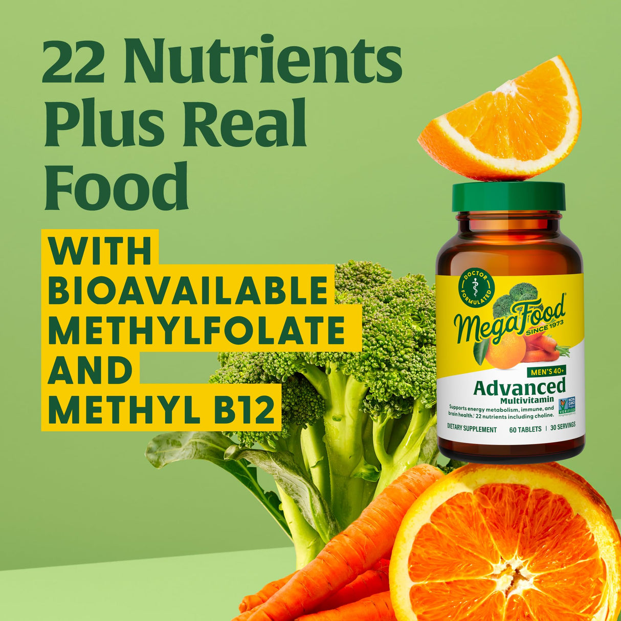 MegaFood Men's 40+ Advanced Multivitamin for Men - Dr-Formulated - Choline, Vitamin B, Vitamin C, Vitamin D, Zinc & Real Food - Brain Health, Immune Support - Vegetarian - 60 Tabs (30 Servings)