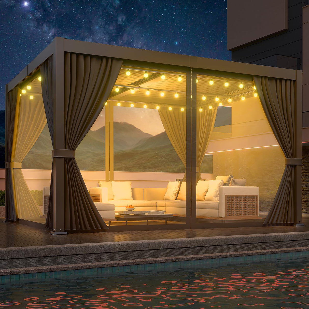 LEVELEVE 10' x 20' Louvered Pergola with Adjustable Roof, Outdoor Metal Patio Gazebo with Curtains & Netting, Gutter System, Large Hardtop Canopy for Garden, Deck, Backyard