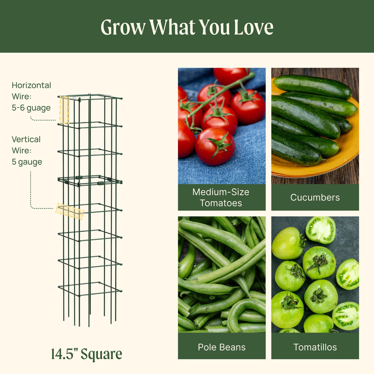Vego Garden 2 Pack Tomato Cage 14.5"x 58" Square for Garden & Pots, Rust-Resistant Tomato Stackable Heavy Gauge Plant Cage Trellis Support for Climbing Vegetables Plants