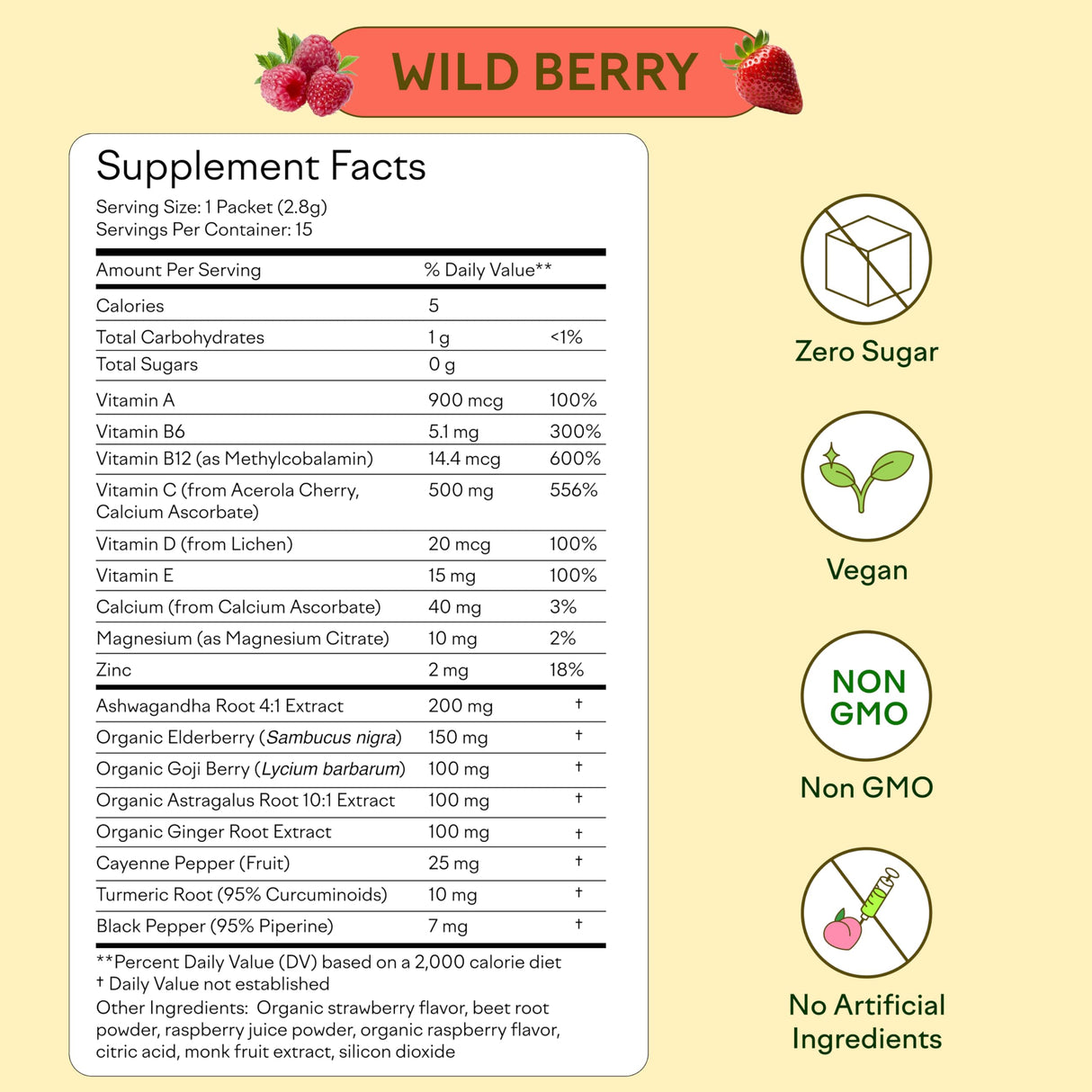 Feel Goods Immunity Icon, Zero Sugar, Vitamin C, A, B, D, E & Zinc, Organic Elderberry, Ashwagandha, Drink Mix Powder, Vegan, Non GMO, Caffeine & Gluten Free | Wild Berry, 15 Count
