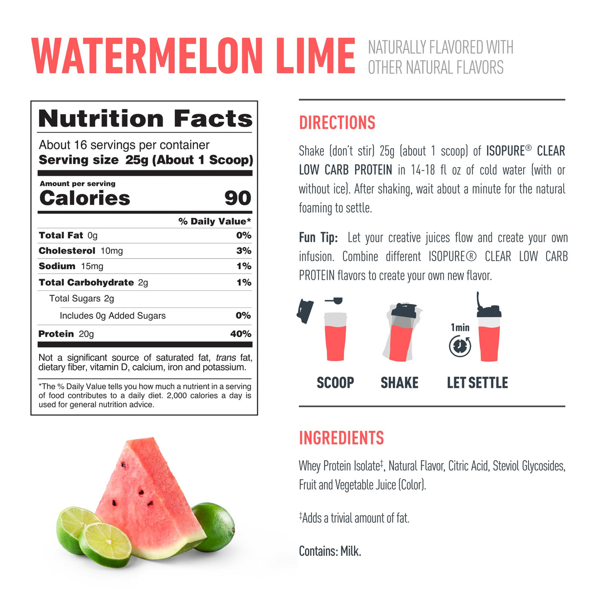 Isopure Clear Whey Isolate Protein Powder, Lactose Free, Gluten Free, Naturally Flavored, Watermelon Lime, 20g Protein Per Serving, 14.1 Oz, 16 Servings (Packaging May Vary)