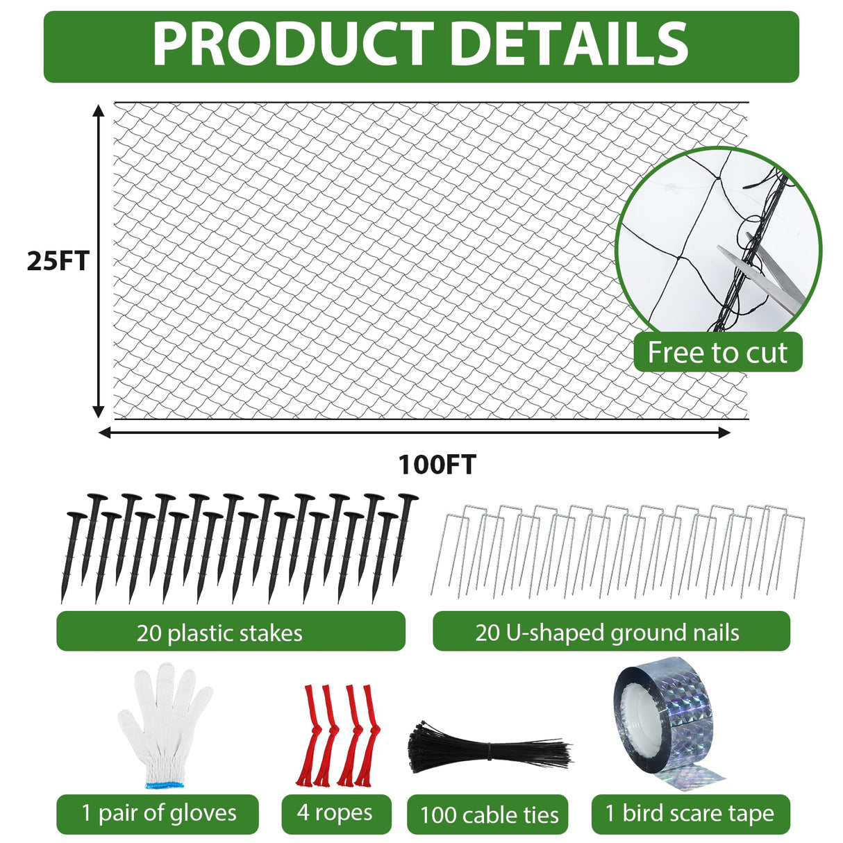 Unves 25 x 100 Ft Bird Netting, 2.4" Square Mesh Bird Net for Chicken Coop