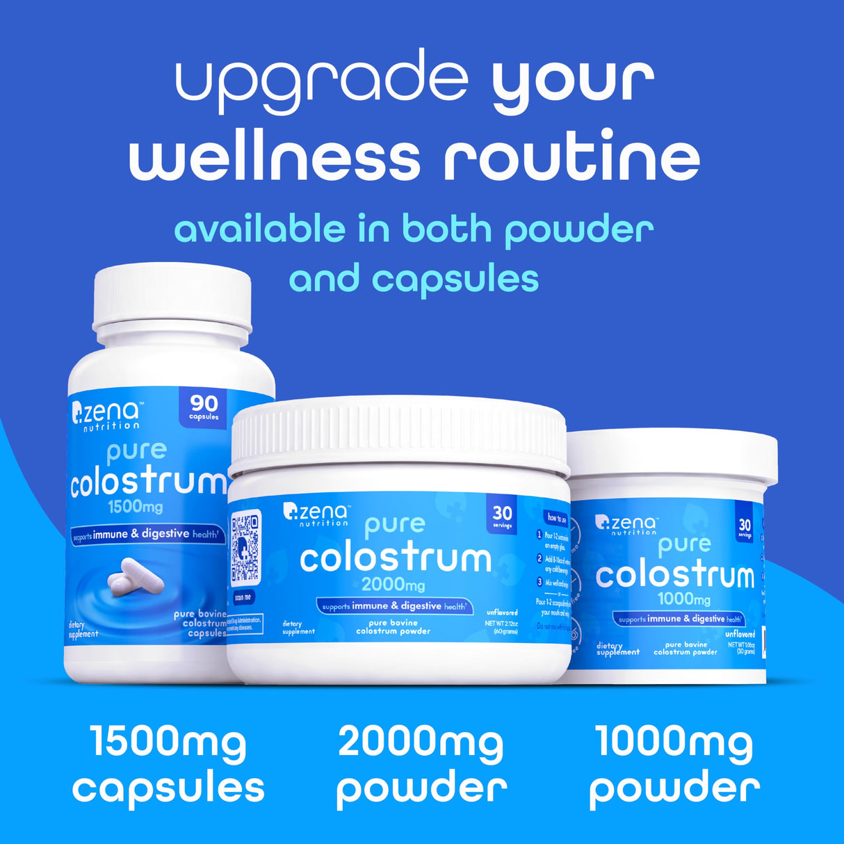 Zena Nutrition Bovine Colostrum Powder Supplement, 2000mg Pure Colostrum, Supports Immune and Digestive Health, Promotes Gut Health, Keto, Gluten Free, Fat Free, Grass Fed, Unflavored, 30 Servings