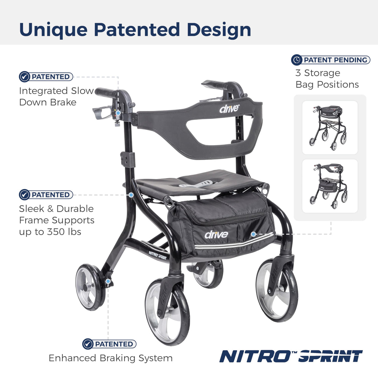 Drive Medical Nitro Sprint Foldable Rollator Walker with Seat, Tall Height Lightweight Rollator with Large Wheels, Folding Rollator, Four Wheel Rolling Walker, Black