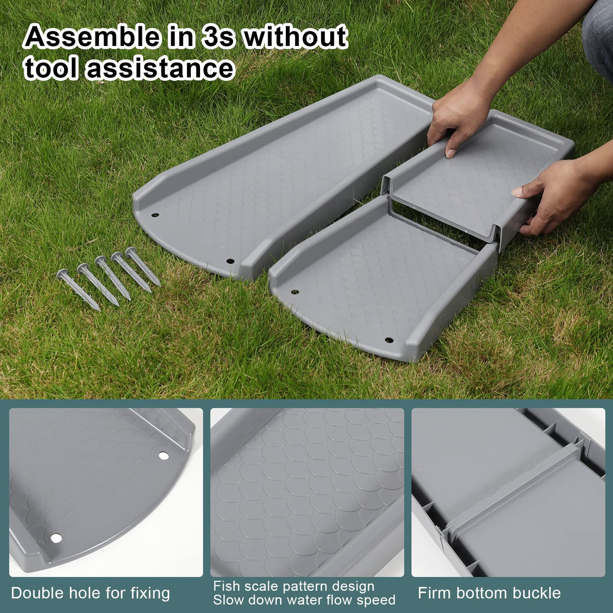 plusgutter Rain Gutter Downspout Splash Block, Gutter Downspout Extensions for Water Drainage, 24" Gutter Splash Guards Downspout Extender, Fixable Down spout Drain Trays with PE Nails(2 Pack, Gray)