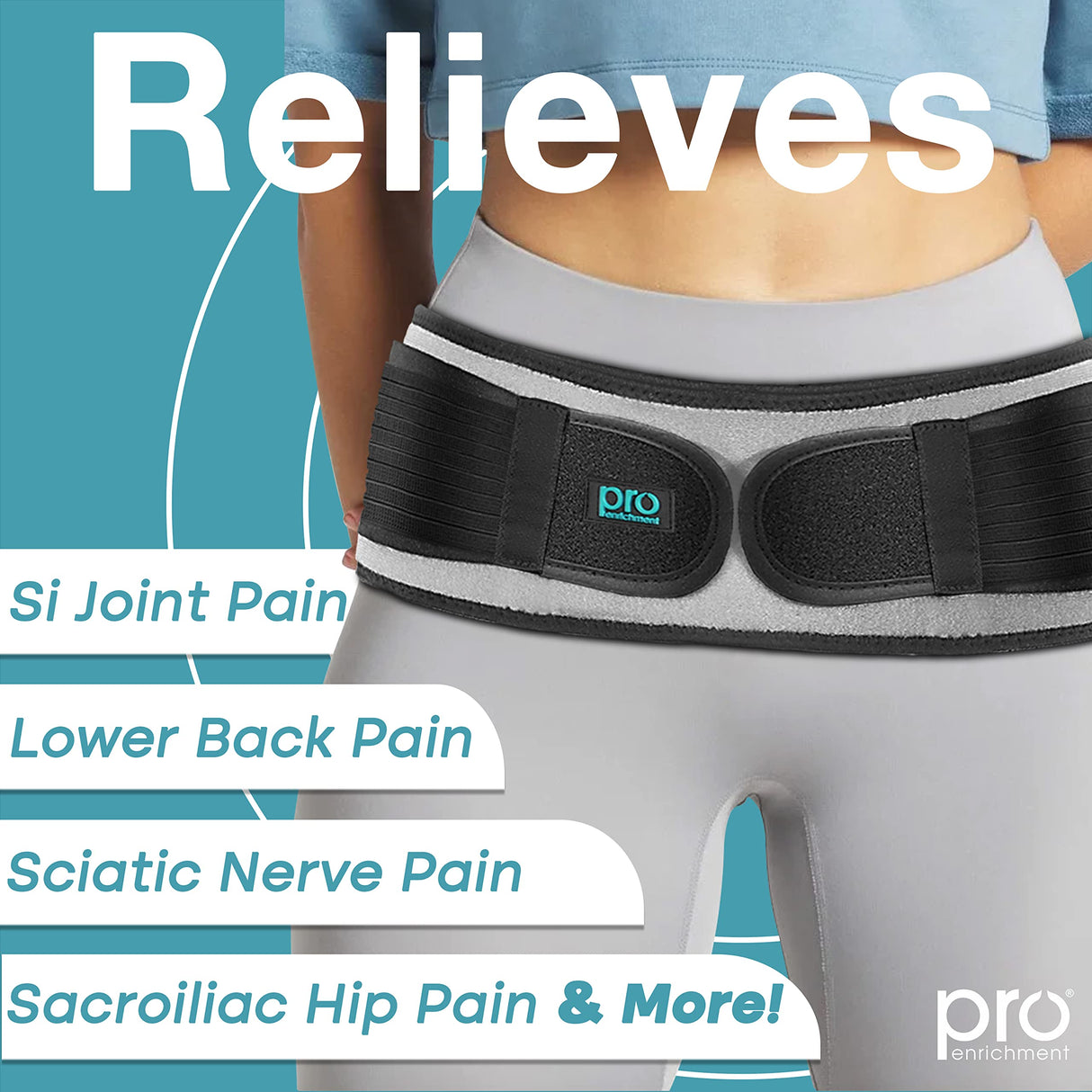 Pro Enrichment Sacroiliac SI Joint Hip Belt - Lower Back Support Brace for Men and Women - Pelvic Support Belt - Trochanter Belt - Sciatica Pelvis Lumbar Hip Pain Relief - FSA HSA Eligible (Regular)