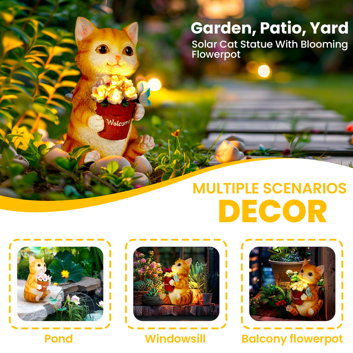 GIGALUMI Solar Garden Decor Flower Pot Cat Statues Outdoor, Birthday Gifts for Women Mom Grandma Senior Elder, Cat Ornament for Balcony, Garden, Patio, Yard, Lawn