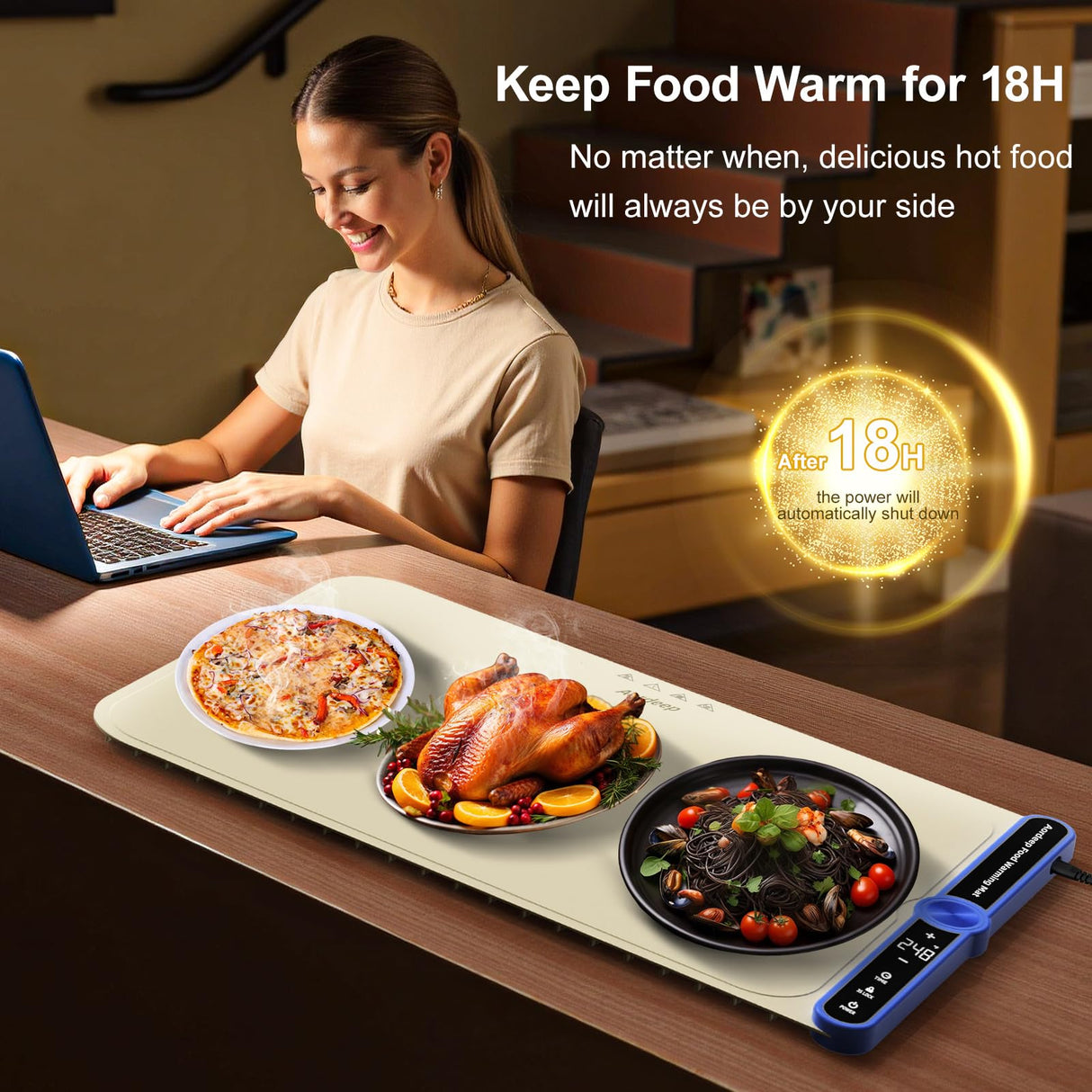 Silicone Food Warmers for Parties Buffet XL:32''X15'' Extra Large Warming Mat for Food 450W Max 248°F Portable Rolled-up Even Heating in 8S 9-Level Temp Auto Power Off-Beige