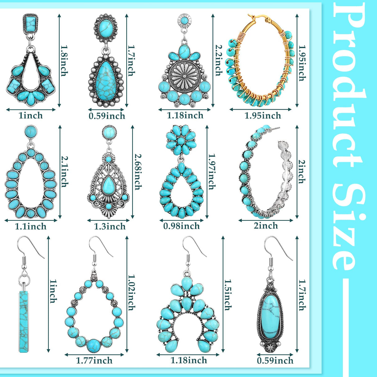 Trnayi 12 Pairs Turquoise Earring Set for Women Turquoise Bohemian Dangle Stud Earrings Round Metal Earrings Boho Vintage Oval Earring Metal for Jewelry(Fresh Style,Green)