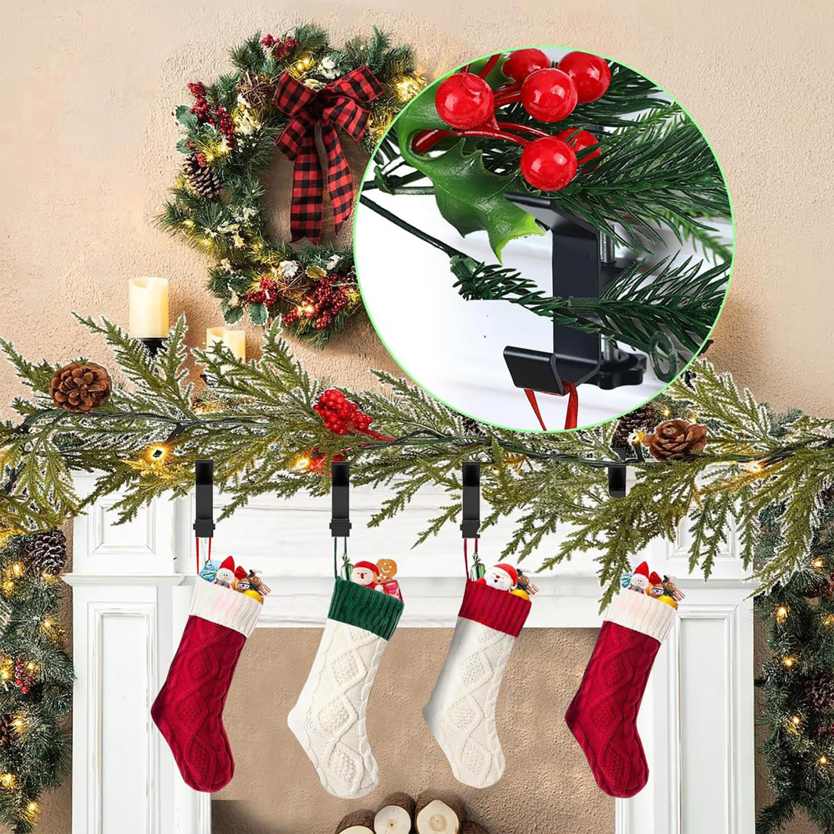 AZHAIBUQI 4 Pack Christmas Fireplace Stocking and Garland Hanger,Mantle Garland Holder for Hanging Christmas Stockings,Adjustable Garland and Stocking Holder,Black