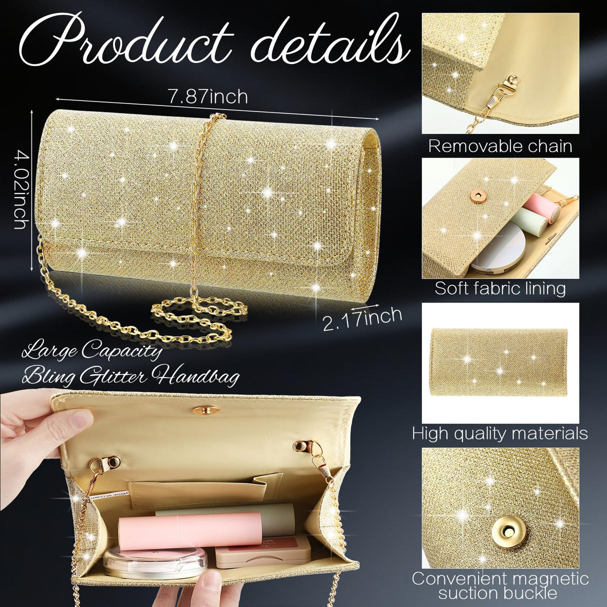 Canchiing 5 Pcs Rhinestone Jewelry Set for Women Glitter Bling Clutch Purse Necklace Earrings Bracelet Ring for Bride Wedding(Gold)