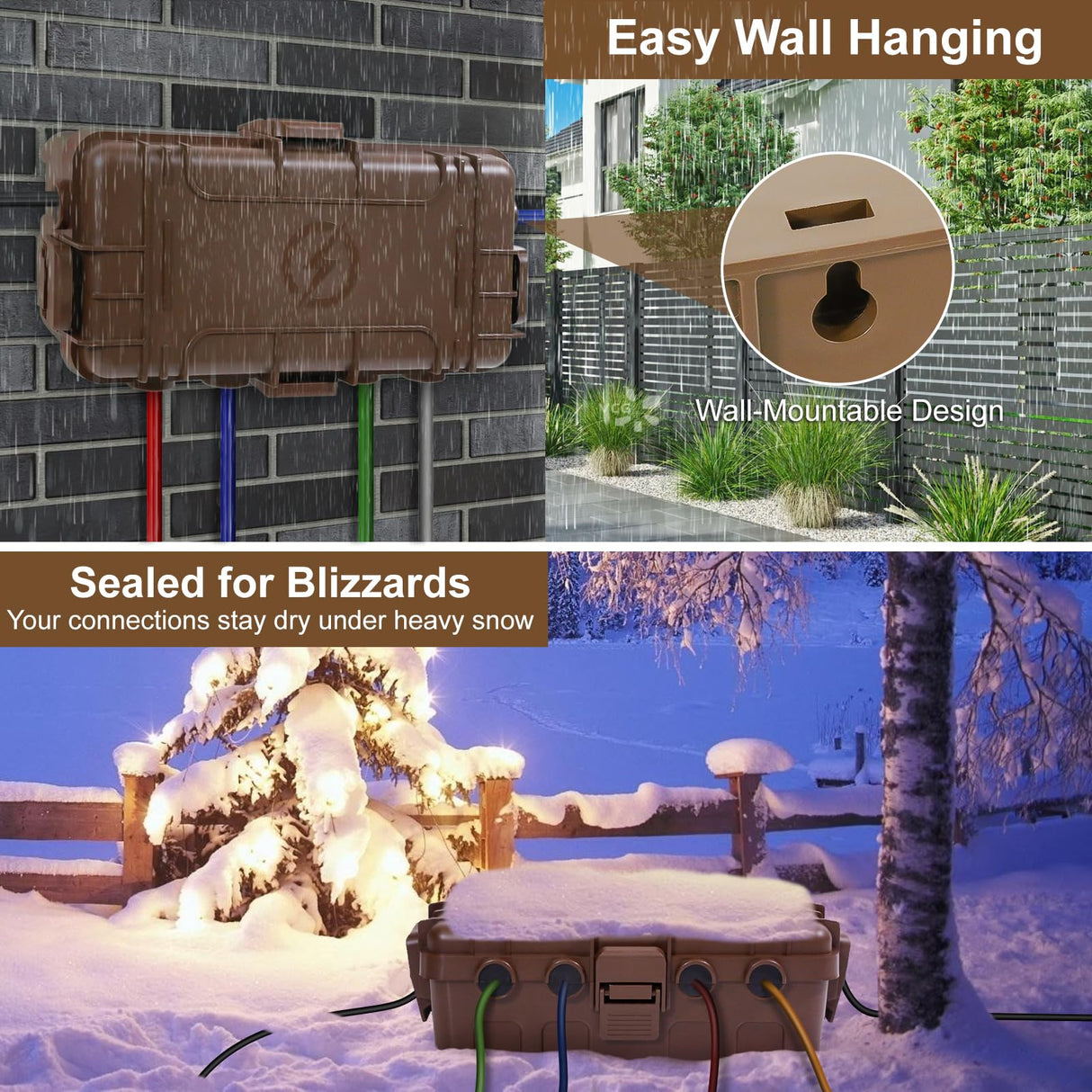 OUTDSPLY Medium Outdoor Electrical Box (11.6x5.2x4.1 inch), IP54 Waterproof Extension Cord Cover w/ 6 Cable Entry, Weatherproof Connection Box for Power Strip, Plug, Timer, Holiday Lights, Brown