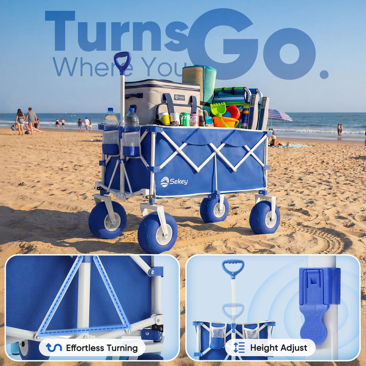 Sekey Heavy Duty Beach Wagon with 9" Big Sand-Proof Wheels – 600lb Capacity, 200L Oversized Foldable Cart | Adjustable Handle & All-Terrain Tires for Sand, Camping